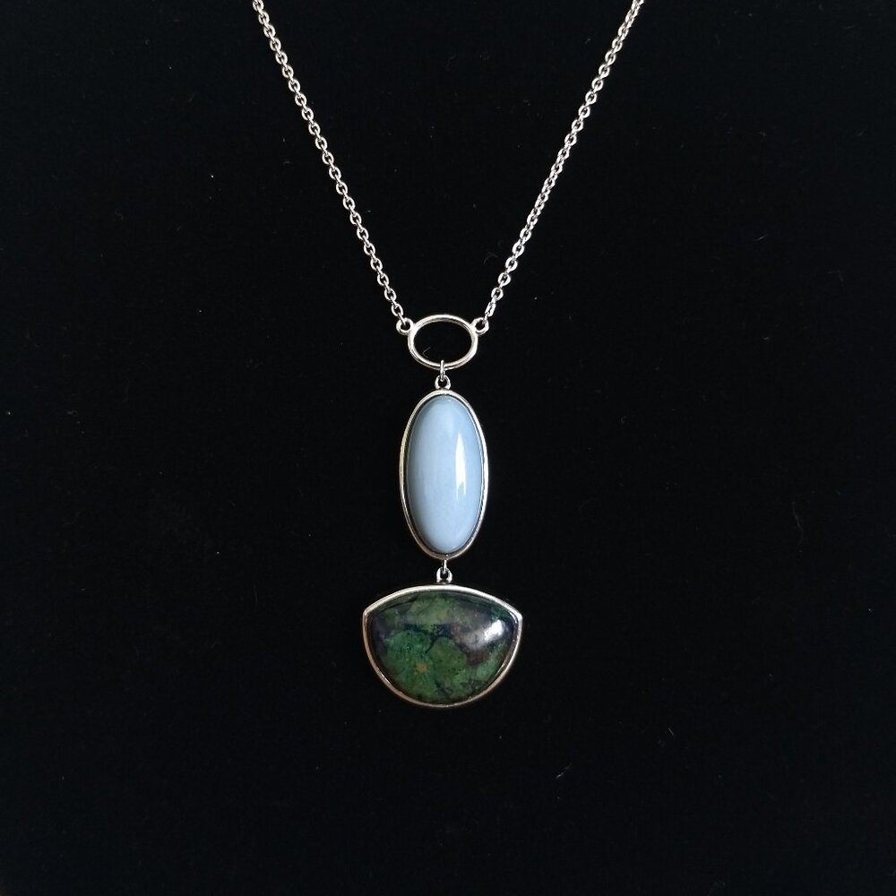 Silver 925 Necklace Double Opaque Stone Pendant Marked UTC 925 Boho Western